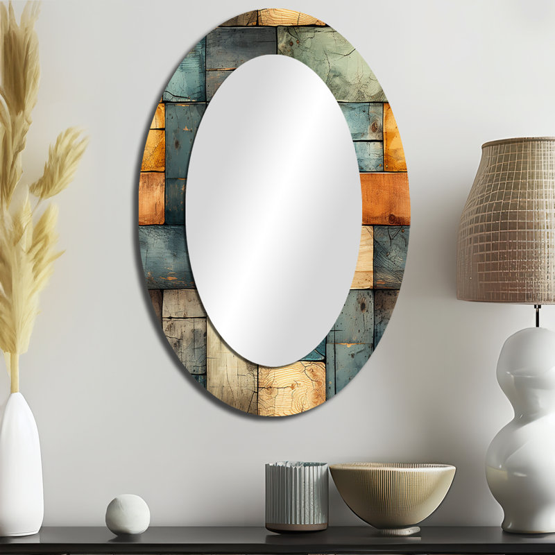 Rustic Modern Cubic Farmhouse Planks - Miroir mural ovale Blue Country, H 36 po x l 24 po