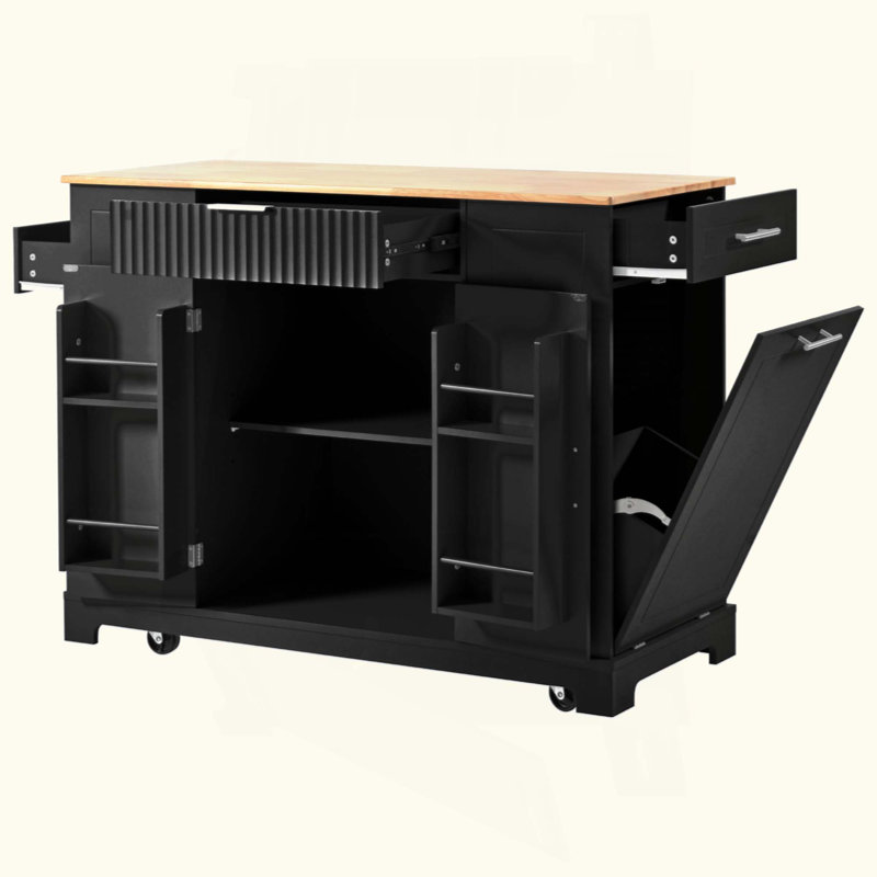 Kitchen Island With Trash Can Storage Cabinet, Power Outlet, Internal Storage Rack, Rolling Kitchen Islands On 5 Wheels With 3 Drawer, 3 Open Side Racks For 10 Gallon Garbage Bin