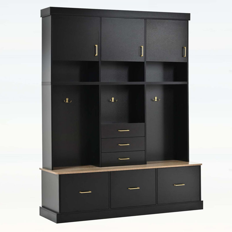 Hall Tree with Bench,Coat Rack,6 Drawers,3 Cabinets,for Hallway,Entryway,Living Room,Mudroom, Black/Natural