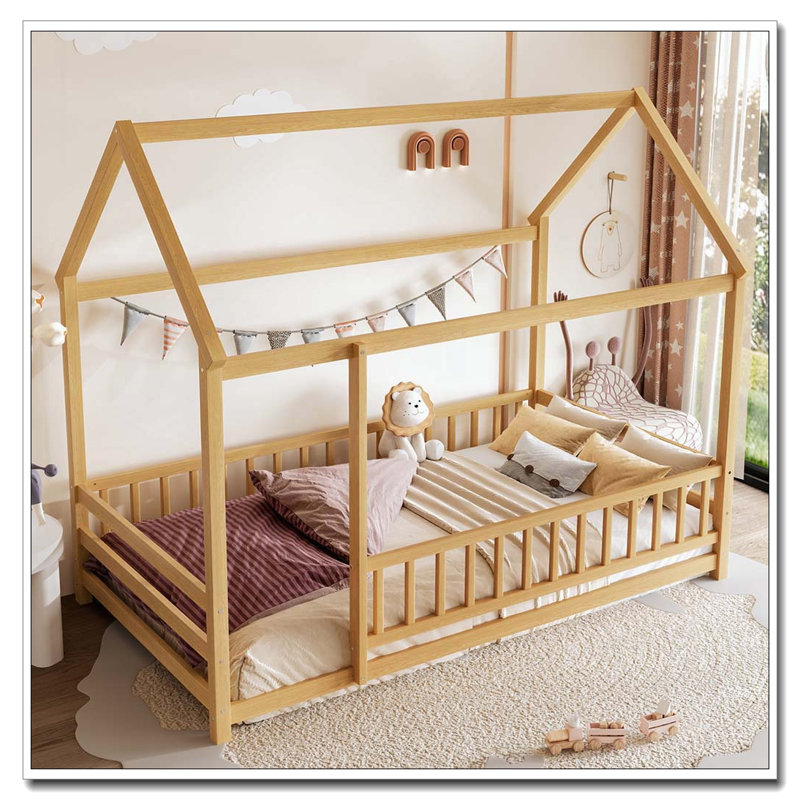 Lit simple en bois avec structure de toit, Naturel