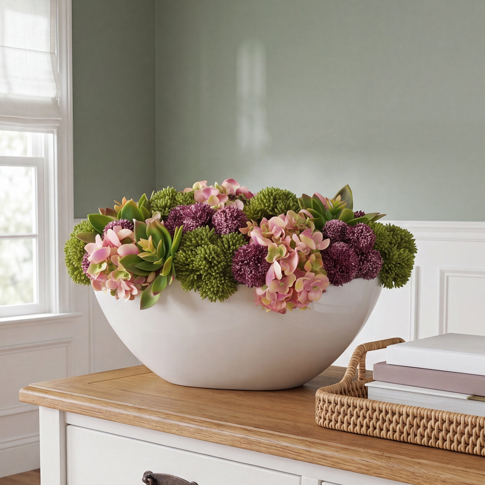 Hydrangea, Succulents and Pompom in White Planter