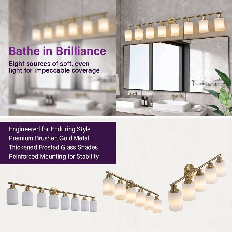Applique murale moderne de salle de bain dorée à 8 lumières, 52 pouces, avec abat-jour en verre dépoli blanc laiteux, Doré