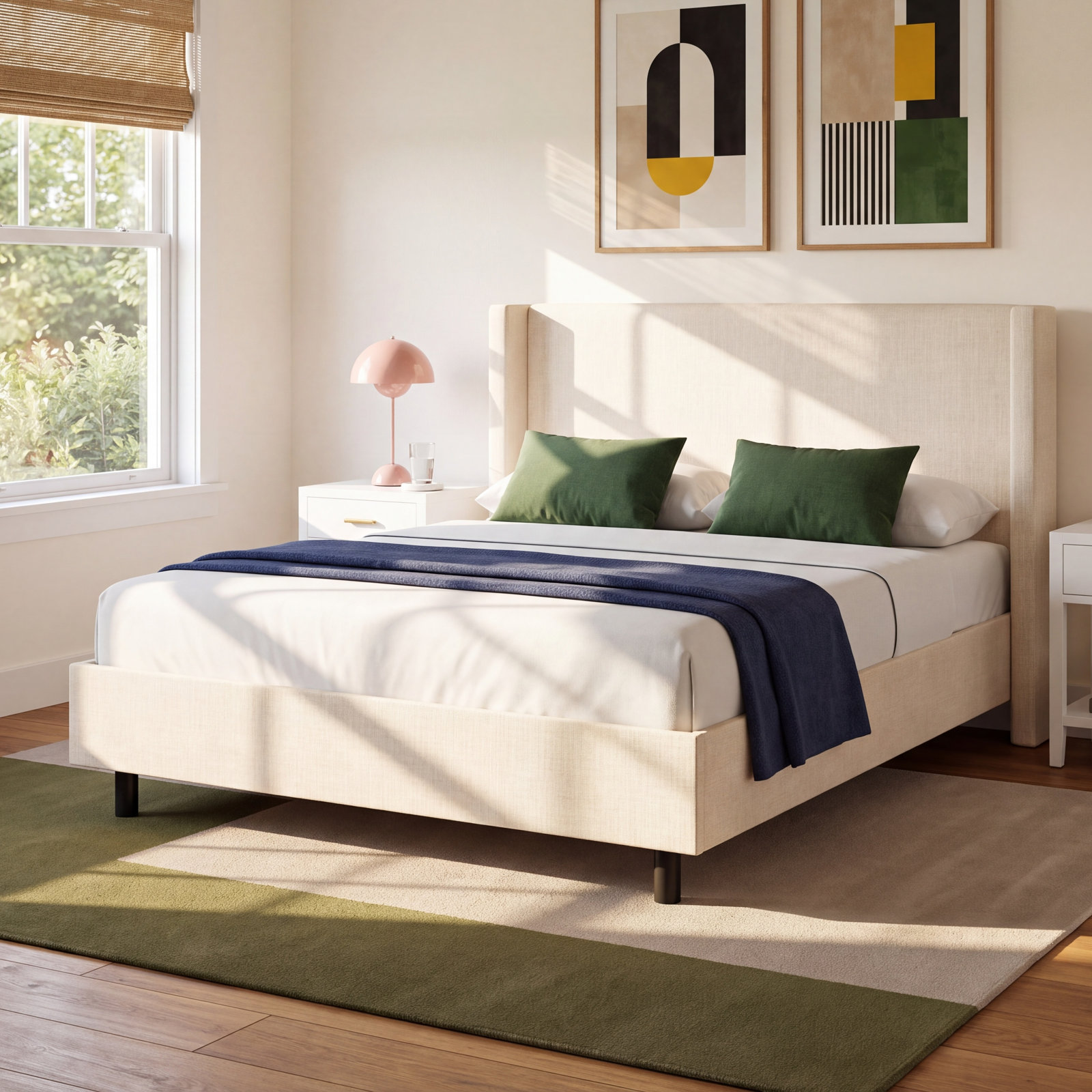 Hanson Upholstered Wingback Platform Bed, Classic Talc Linen, King