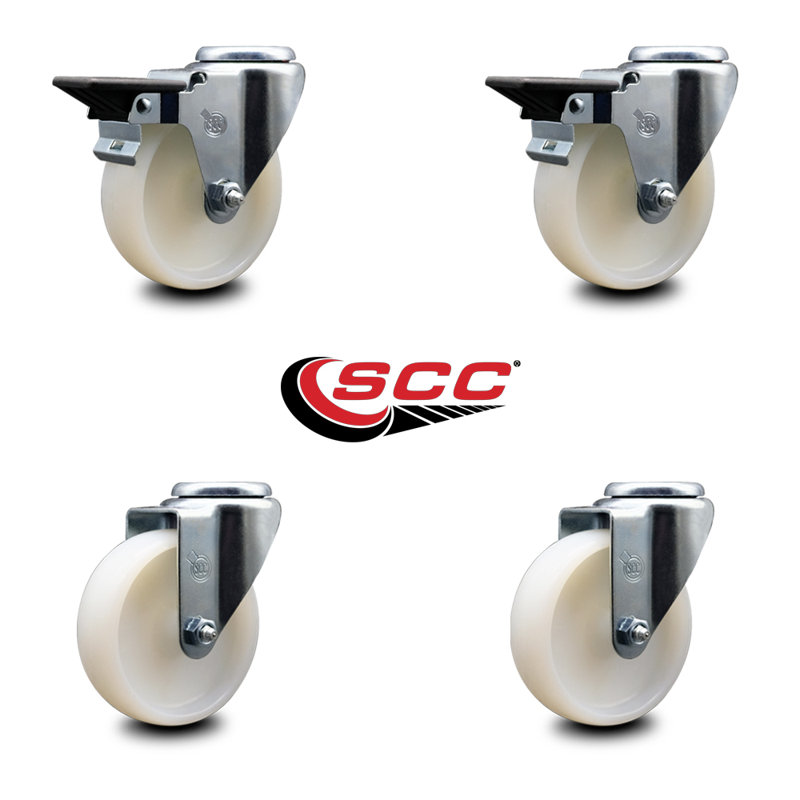 4 Inch Nylon Wheel Swivel Bolt Hole Caster Set with 2 Posi Lock Brakes SCC