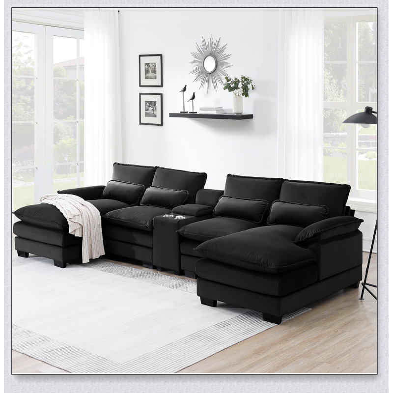 123*55" Modern U-Shaped Sofa With Console,Cupholders And USB Ports,6-Seat Upholstered Symmetrical, Black Chenille