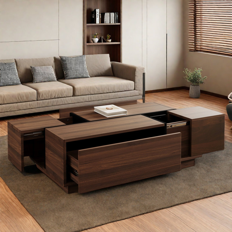Rectangular Sliding Top Coffee Table With 2 Drawers And 2 Hidden Storage Compartments