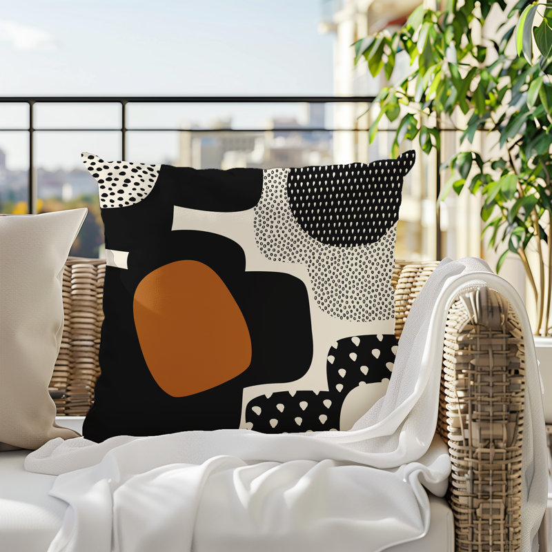 Coussin carré intérieur / extérieur pia, H 17 po x l 17 po, Orange brûlé / noir / blanc cassé