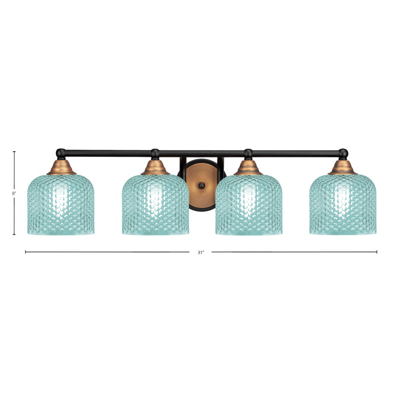 Verre turquoise 6 po Allexus, Noir mat / laiton, Quatre lumières, H 7,5 po x l 31 po x P 8 po