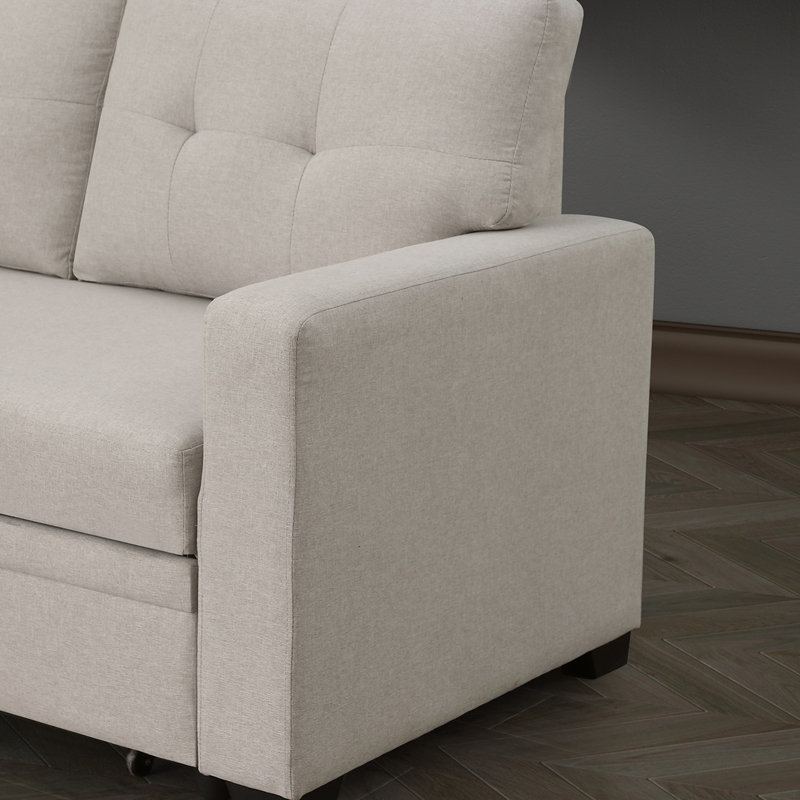 Canapé modulaire convertible rembourré avec méridienne coulissante, Lin beige, Orienté à gauche (vu de face)