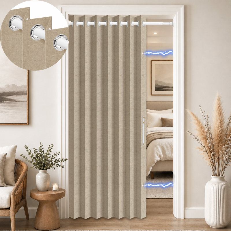 Rideau de porte accordéon avec tringle de tension sans perçage, paravent en polyester d'aspect lin, Noir avec tige