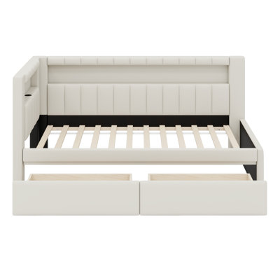 Upholstered Platform Bed With USB Ports And LED Belt, With 2 Drawers