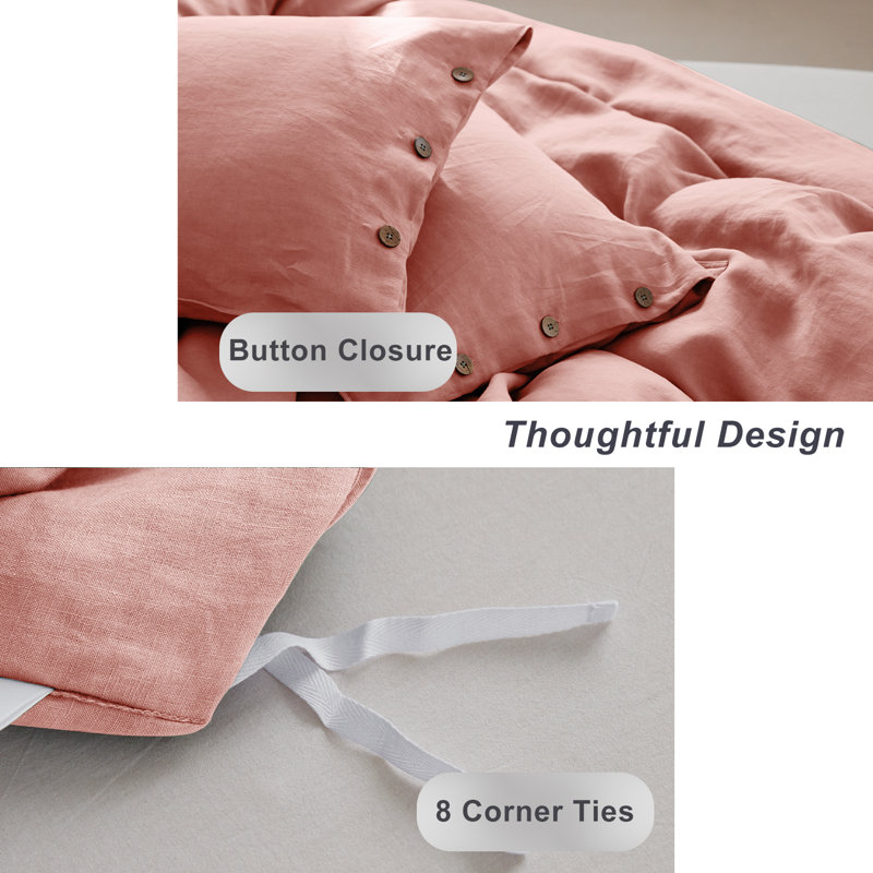Ensemble de housse de couette 100% lin TOSMO avec fermeture à boutons, literie de ferme durable et douce, Rose