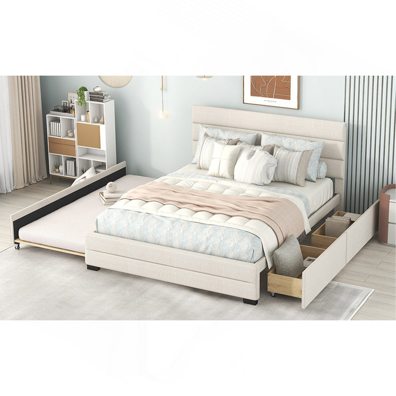 Grand lit plateforme tapissier avec lit gigogne simple et deux tiroirs