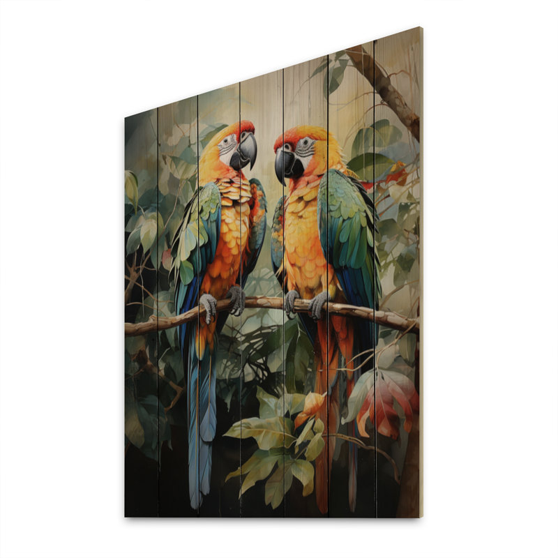 Deux perroquets sur une branche III sur bois, H 32 po x l 24 po x P 0,78 po