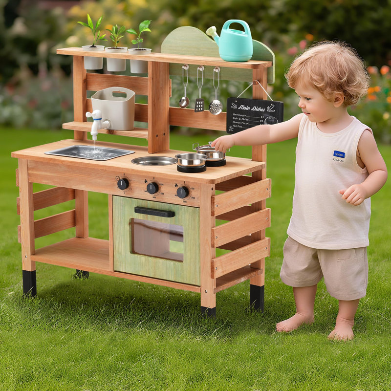 Outdoor Play Kitchen for Kids | Wooden Mud Kitchen Set with Removable Sink, Planting Area, Oven, Stove, Dual-Sided Chalkboard & Storage | Backyard Pretend Toy | Ages 3+