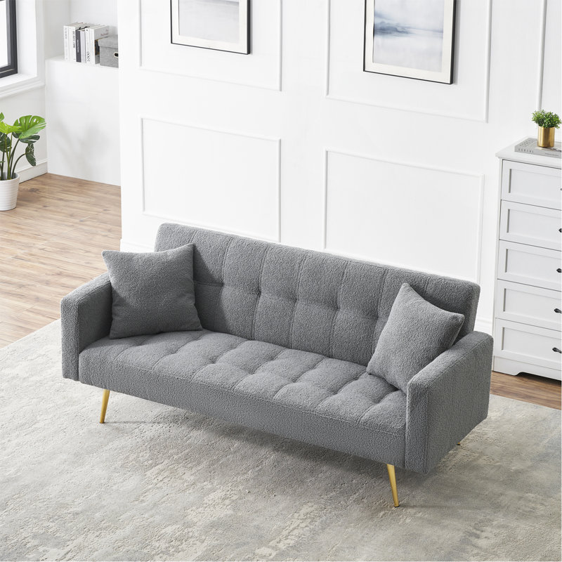 71.7 - Inch Grey Teddy Fleece Sofa Bed With Two Included Throw Pillows, Gray Teddy