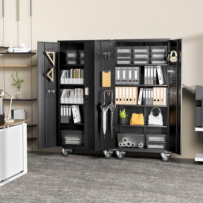 Metal Garage Storage Cabinets with Wheels & Pegboard, Rolling Tool Cabinet with Lockable Doors and 4 Adjustable Shelves, Black(72" H×32" W×16" D)