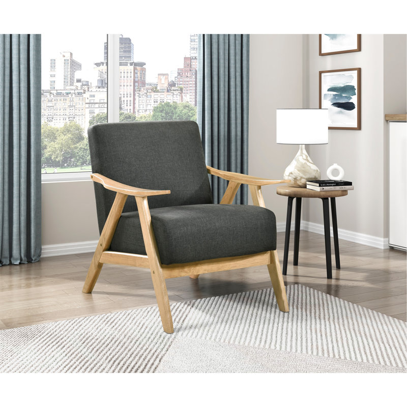 Chaise moderne et confortable en tissu gris foncé, base en bois massif et fauteuil à ressorts ensachés, revêtement en tissu texturé pour le salon