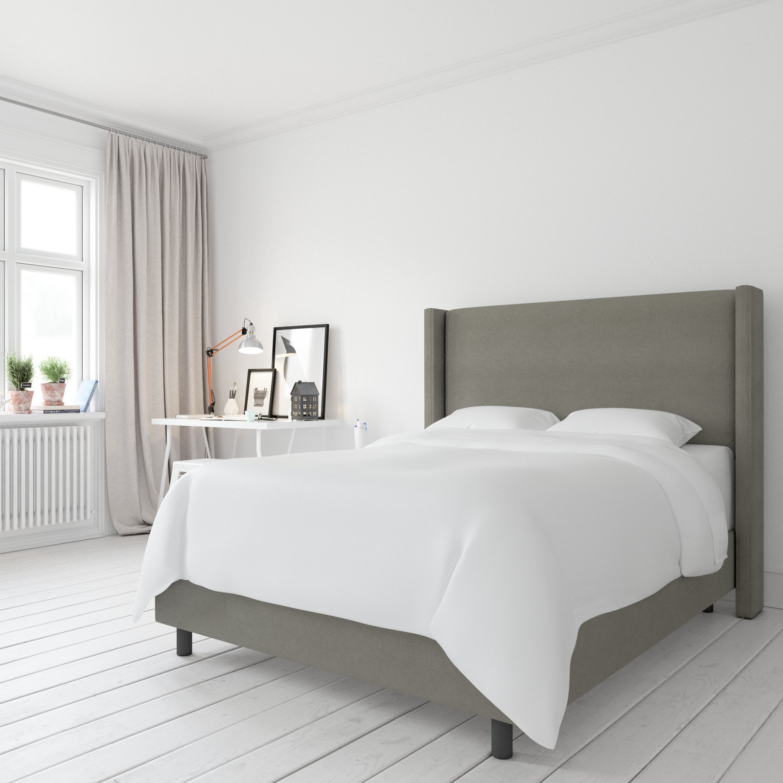 Hanson Linen Upholstered Wingback Bed, King, Classic Grey Linen