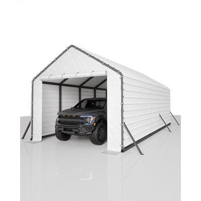 Ensemble d'abri d'auto en métal robuste robuste - Toit en acier galvanisé nervuré - Protection toutes saisons - 13 x 26/13 x 21/13 x 16 pi - Abri sécuritaire pour voitures, bateaux, remises, garages - 16 panneaux crème
