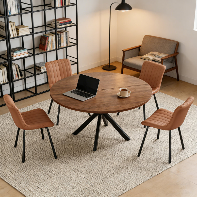 47.2" Solid Wood Round Dining Kitchen Table For 4-6 People With Intersecting Pedestal Base, Black, Walnut