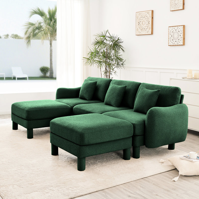3 Boucle U Shape Sectional Couch With Distinctive , 2 Ottomans And Cylindrical Legs, Seating Experience Fabric Shell-Shaped Movable Ottomans, Soft For Leisure