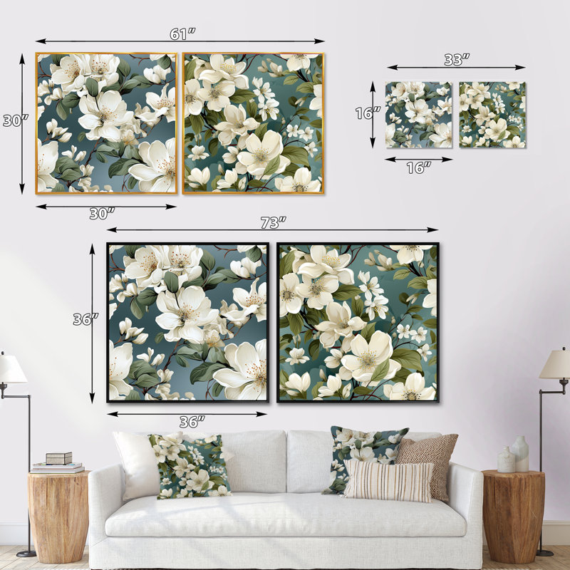 Orchidée grise et blanche - ensemble de 2 collages carrés floraux, Cadre flottant noir, H 16 po x l 33 po