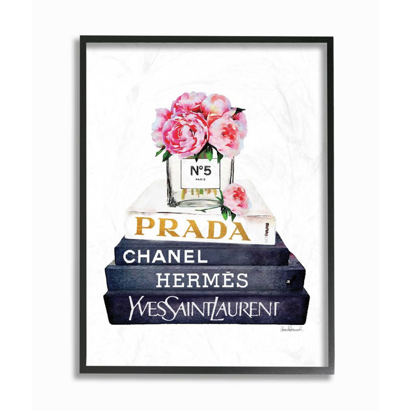 « styleing designer fleurs bookstack blue gold », peinture, H 20 po x l 16 po x P 1,5 po, Giclée encadrée noir minuit