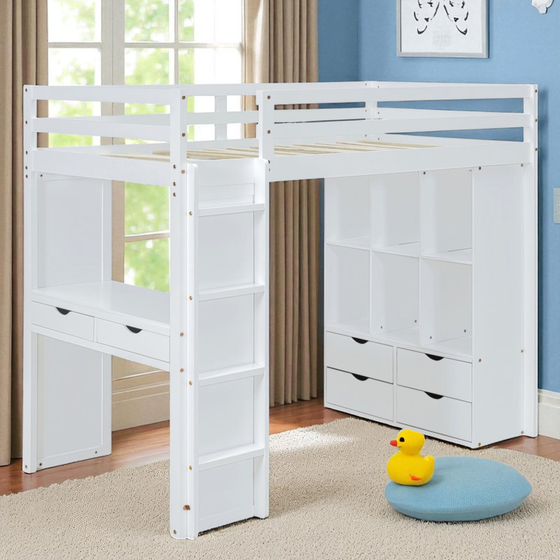 Lit mezzanine avec bureau intégré et rangement, Blanc, Double
