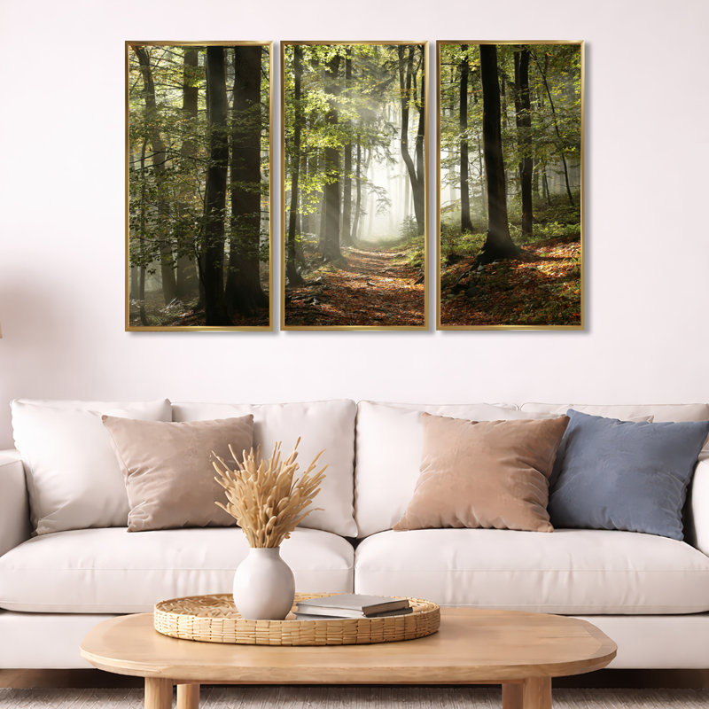 Forêt d'automne verte avec rayons de soleil - ensemble d'art mural sur toile encadré paysage, Or, H 20 po x l 36 po x P 1 po