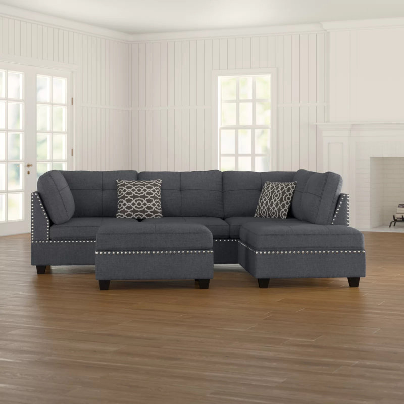 Canapé modulaire réversible avec repose-pieds Ridwan, Mélange de polyester noir, L 104 po x P 75 po