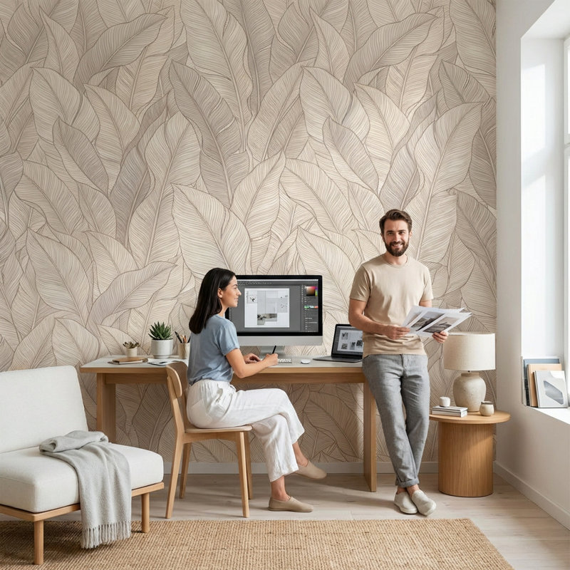 Murale feuilles et papier peint moderne beige, 120 po x 96 po, Peler et coller