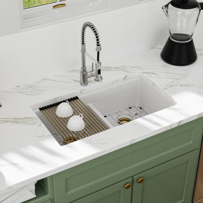 33''L x 19''W Undermount Quartz Double Bowl Workstation Kitchen Sink with Cutting Board, Roll-Up Rack & Colander, 50/50 Split Undermount Kitchen Sink