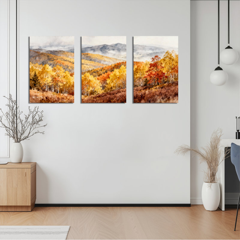 «Autumn Forest Landscape», reproduction d'art sur toile tendue sur toile (ensemble de 3), H 30 po x l 60 po