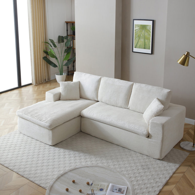 Boneless 102" W Corduroy Sectional Sofa No Assembly, All High-Density Foam L-Shaped Couch, Beige Corduroy