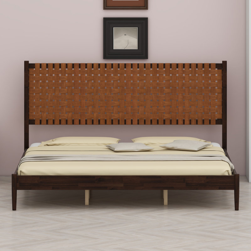 Base de lit plateforme Mid-Century moderne avec tête de lit tissée à la main, Marron foncé