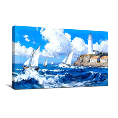 Nautical & Beach Sailing Boats Ocean Waves Lighthouse Sky Clouds