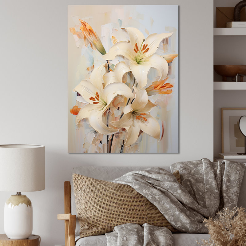 «Beige lys en fleurs» sur toile, Toile tendue, H 32 po x l 16 po x P 1 po
