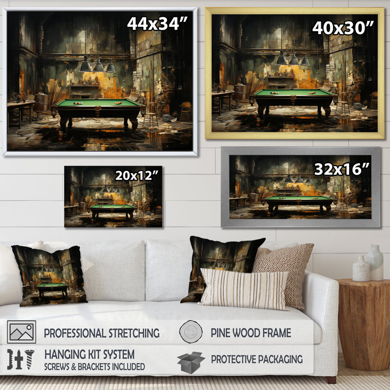 Billard Industrial Game I - Sports Wall Art Living Room, H 34 po x l 44 po x P 1,5 po, Cadre flottant doré