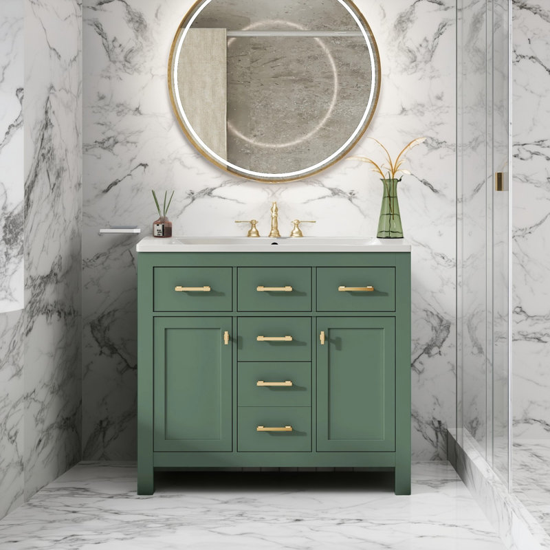Meuble-lavabo moderne 36 po avec lavabo en céramique, 4 tiroirs, 2 armoires, structure en bois massif, Vert