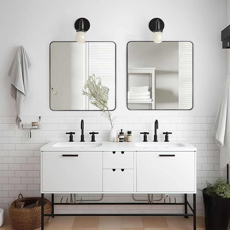 Miroir de salle de bain rectangulaire arrondi moderne Inse | Cadre en acier inoxydable, 24 po x 24 po, Noir mat