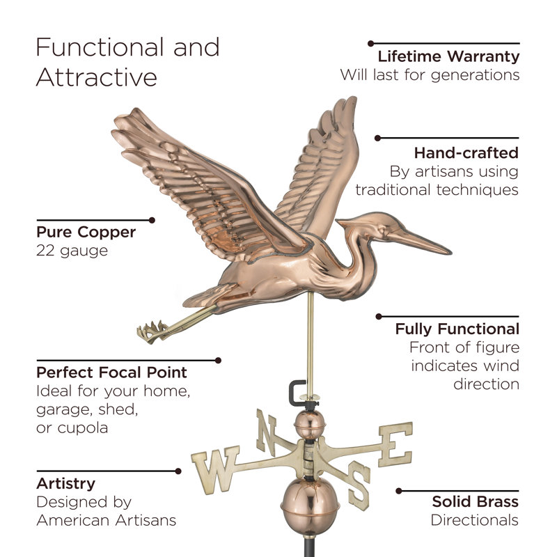 Elegant Blue Heron 24" Rooftop Weathervane in Polished Copper