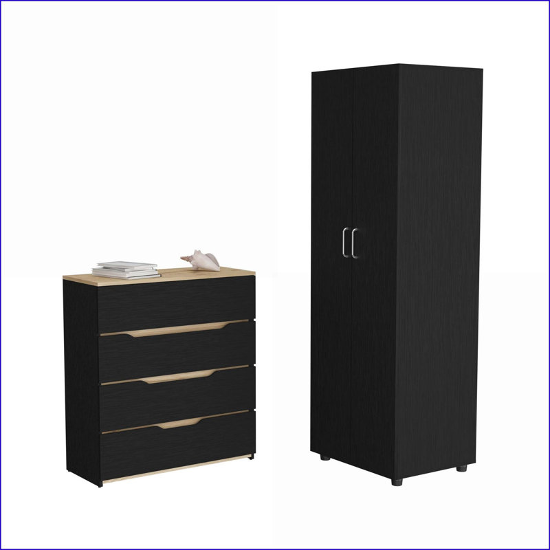 Ensemble de chambre à coucher 2 pièces, armoire London + commode Aralia, noir / chêne clair | Panneau de particules | Commodes combinées
