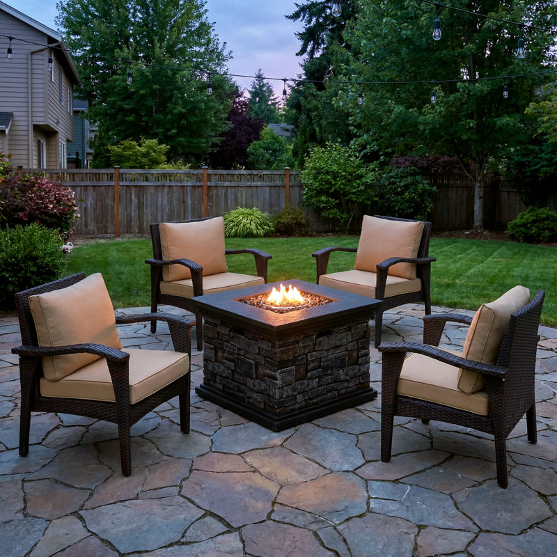 Trujillo 4 - Person Patio Conversation Set with Firepit and Cushions, Brown Frame / Brown Cushion