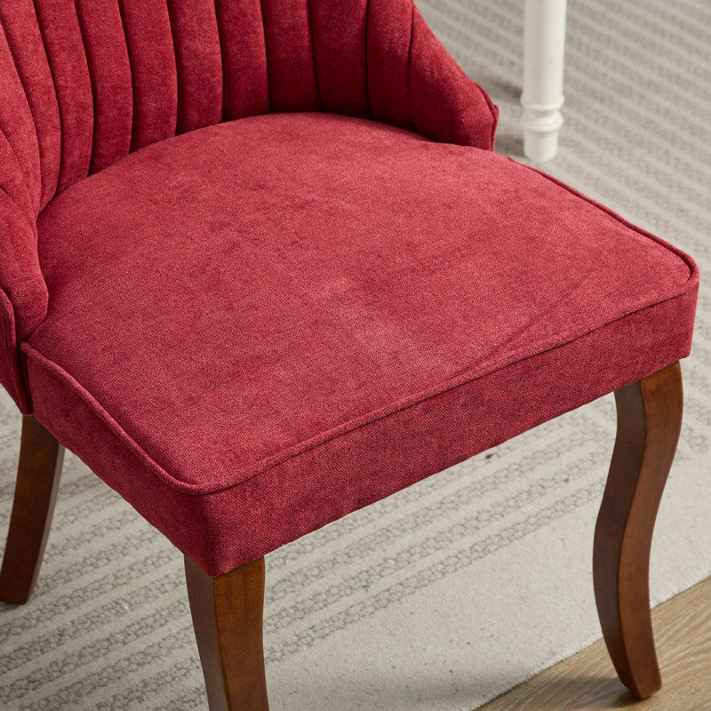 Wine Red High Back Linen Upholstered Dining Chair with Wood Legs