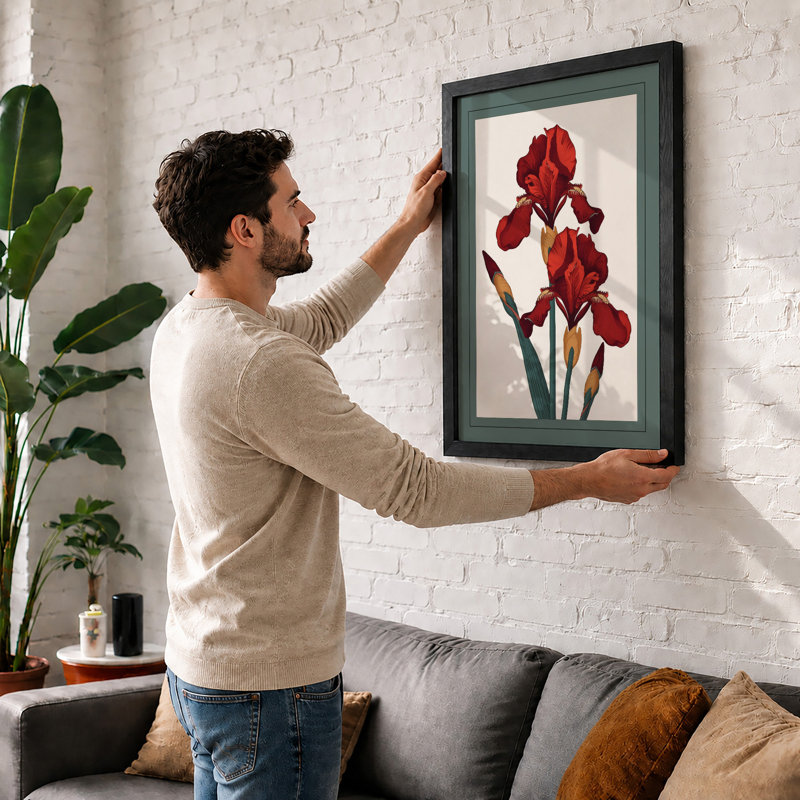 Ruffled Crimson Iris Botanical - Framed Print, A3 - 42.0 x 29.7 cm, Walnut
