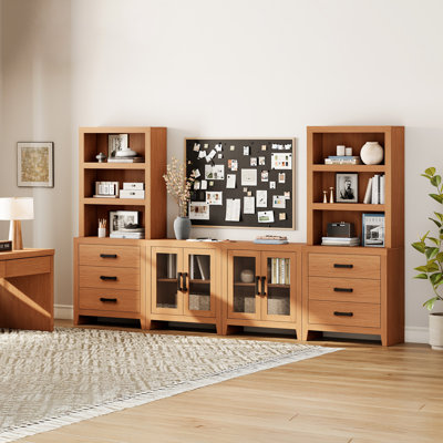 Meuble télé avec tablettes, meuble télé 4 pièces avec tiroirs, portes en verre, tablettes ouvertes, console multimédia pour le salon, cinéma maison