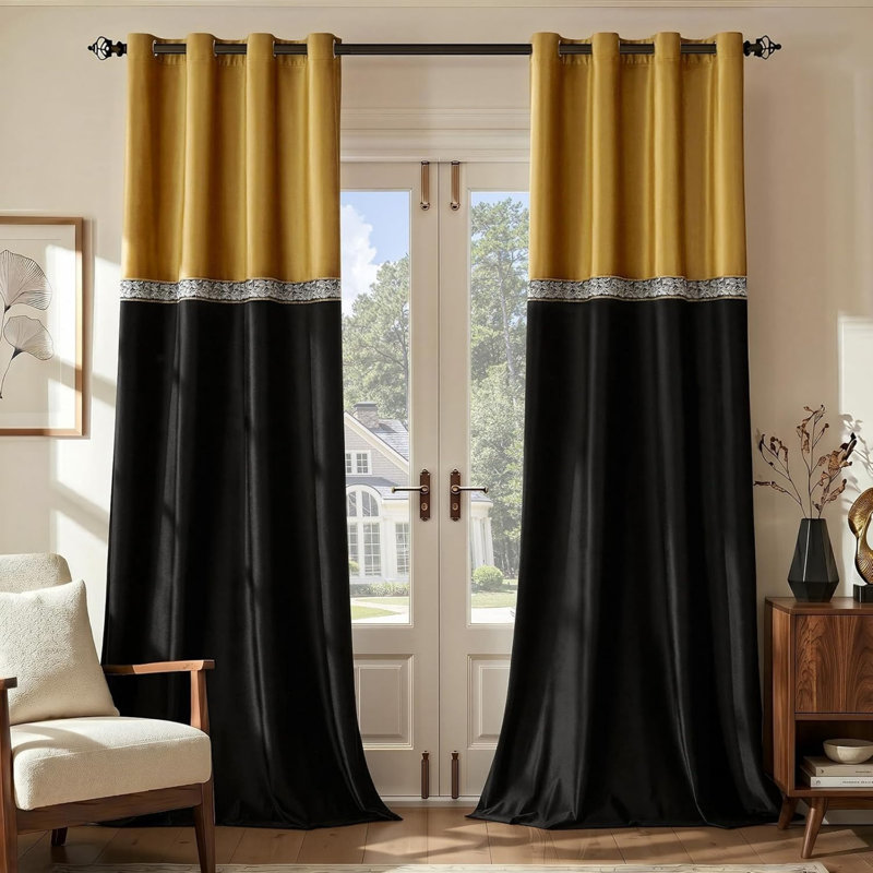 Velvet Curtains 2 Panels, Embroidered Vintage Gold Black Window Treatment 132 x 229 cm