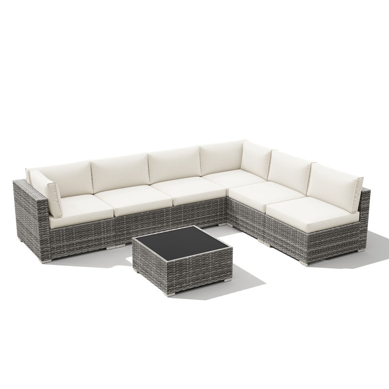 Algarin Wicker 6 - Person Modular Patio Conversation Set with Cushions, White Cushion/Gray Frame