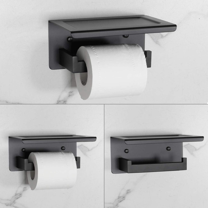 Porte-papier hygiénique mural en acier inoxydable avec tablette pour salle de bain, fini noir mat durable, rangement polyvalent